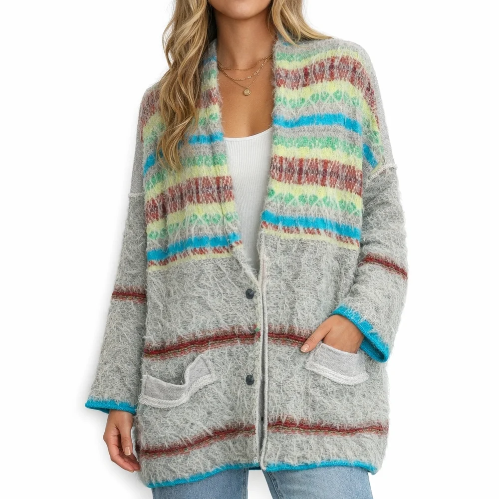Free People Fair Weather Feather Cardigan Mint Haze S  Boho Shaggy Knit Pockets - Picture 2 of 16